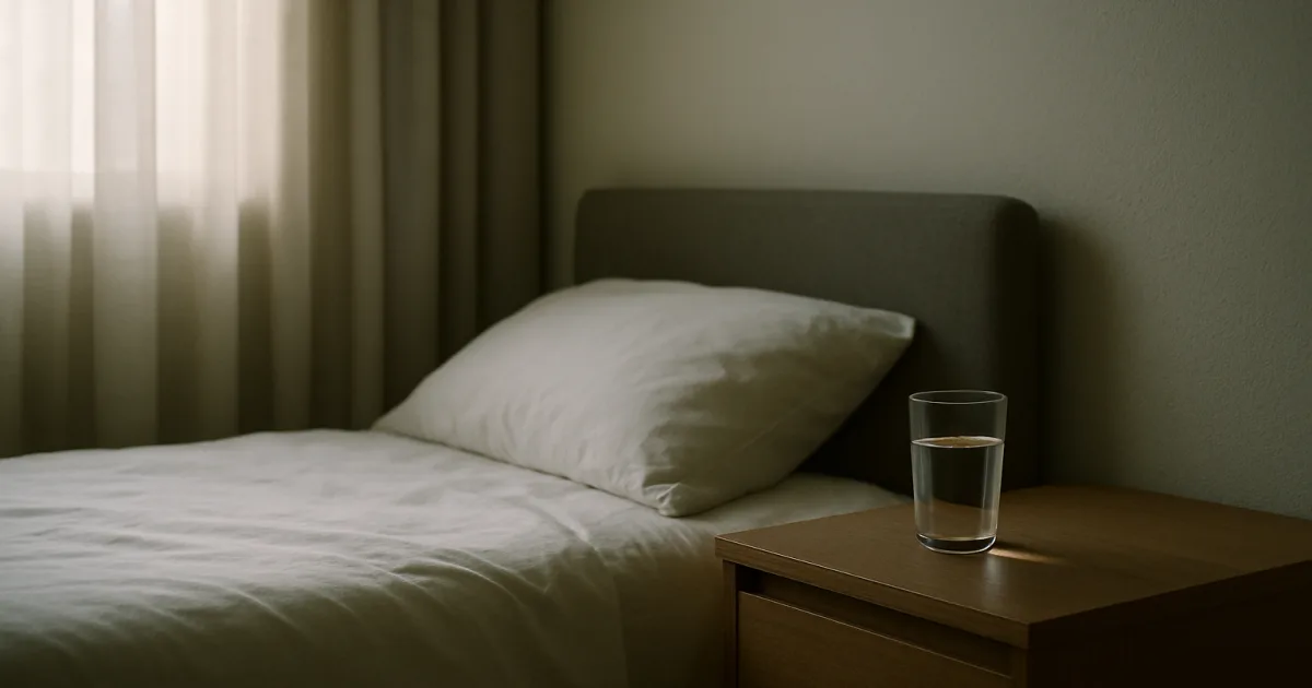 Chambre dans la pénombre avec un verre d’eau