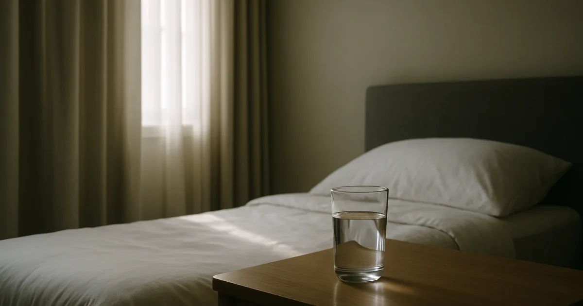 Chambre dans la pénombre avec un verre d’eau